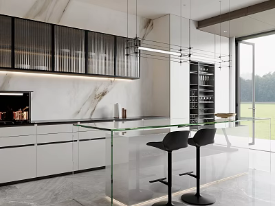 Modern Kitchen Interior With Marble Wall Black Cabinets Glass Island Counter And Bar Stools 3d model