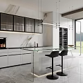 Modern Kitchen Interior With Marble Wall Black Cabinets Glass Island Counter And Bar Stools