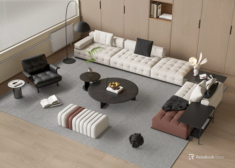 Modern Living Room Sofa And Coffee Table Set With Rug Black Chair And Floor Lamp 3d model 