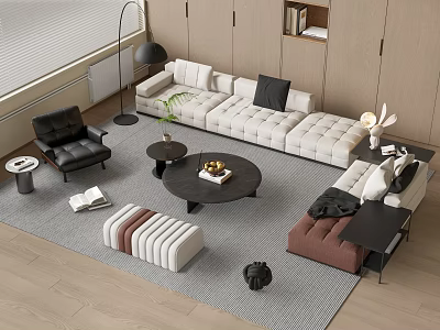 Modern Living Room Sofa And Coffee Table Set With Rug Black Chair And Floor Lamp 3d model