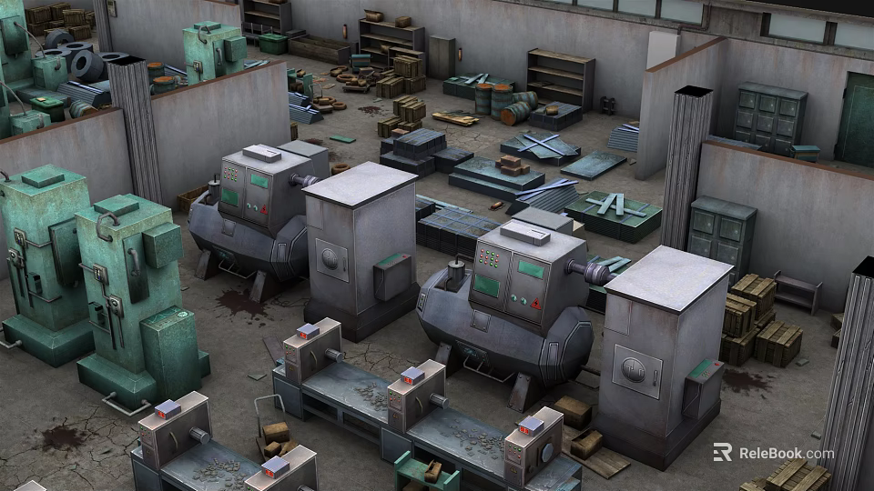 Industrial Construction Components In Factory Workshop With Machinery And Stacked Crates 3d model 