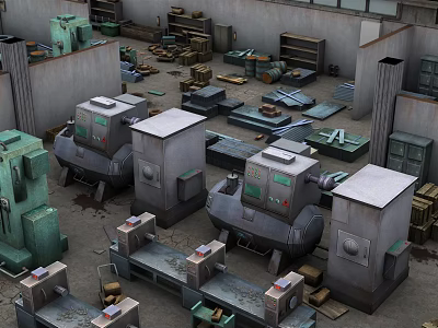 Industrial Construction Components In Factory Workshop With Machinery And Stacked Crates 3d model