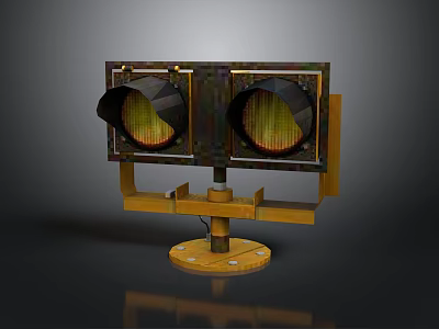 Vintage Traffic Light With Two Circular Yellow Lights On Wooden Stand 3d model