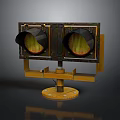 Vintage Traffic Light With Two Circular Yellow Lights On Wooden Stand