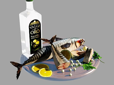 Fresh Mackerel Fish With Olive Oil Lemon Slices Salt Grains And Herbs On Plate 3d model