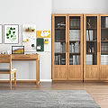 Minimalist Natural Wooden Desk Setup With Laptop Green Plant Wall Art And Glass Door Bookshelf