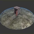 Small Wooden Shed Positioned On Circular Earth Mound With Rough Ground Surface