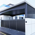 Modern Entrance Gate With Black Metal Design Curved Canopy And White Pillars