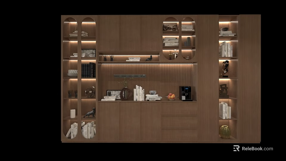 Modern Built In Wine Cabinet With Glass Shelves LED Lighting And Storage Compartments 3d model 