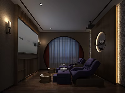 SPA Sauna Interior With Arched Window Purple Recliners Large Screen Round Mirror And Wooden Buckets 3d model