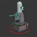 Gray Mechanical Military Turret Device With White Cylindrical Top Black Barrel And Red Circle Base