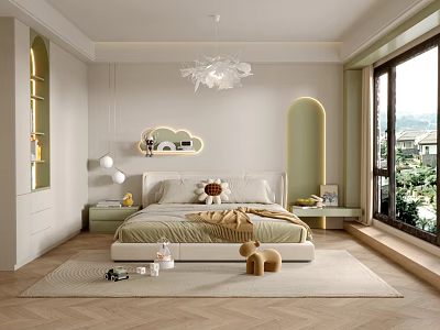Modern Kids Room Interior Design With Open Layout Bed And Decorative Storage 3d model