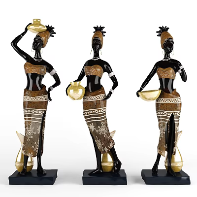 Decorative African Female Carved Sculptures in Traditional Attire Holding Golden Bowls 3d model