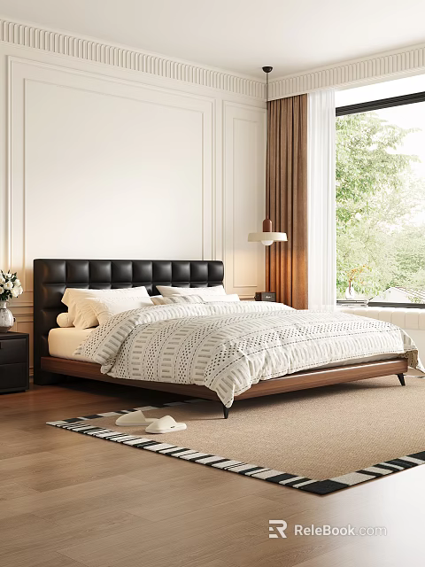 Black Leather Headboard Double Bed With White Bedspread Wooden Frame And Window View Curtains 3d model 