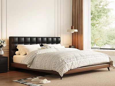 Black Leather Headboard Double Bed With White Bedspread Wooden Frame And Window View Curtains 3d model