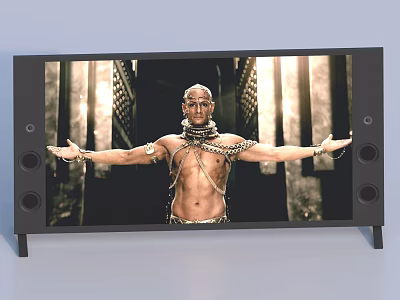 Television Screen Displaying Muscular Man With Outstretched Arms Chains And Ancient Columns Background 3d model