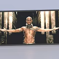 Television Screen Displaying Muscular Man With Outstretched Arms Chains And Ancient Columns Background