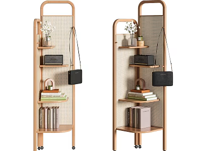 Modern Wooden Bookcases With Multiple Shelves Books Decorative Vases And Bags On Wheels 3d model