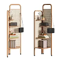 Modern Wooden Bookcases With Multiple Shelves Books Decorative Vases And Bags On Wheels