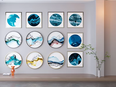 Abstract Wall Paintings with Blue Tones in Circular Square Frames for Home Decor 3d model