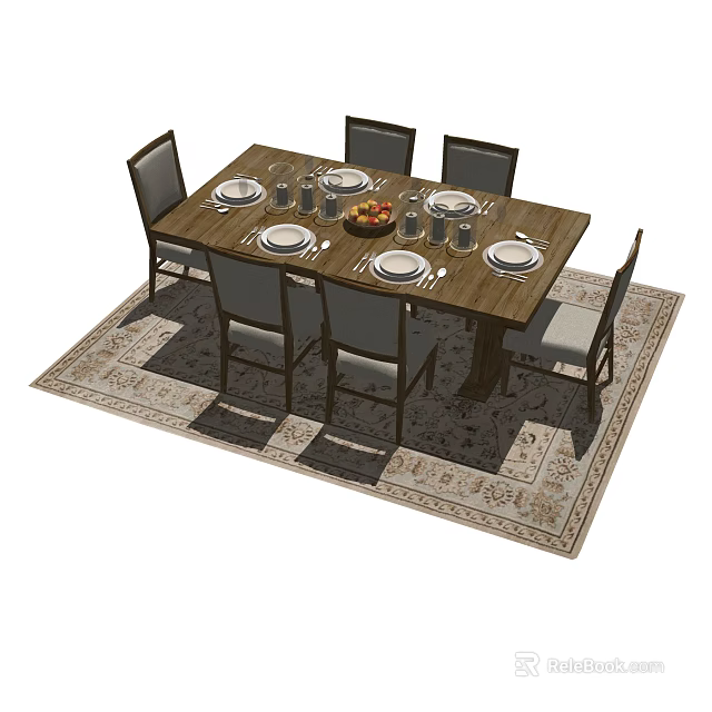Wooden Dining Table Set With Chairs Tableware On Decorative Rug 3d model 