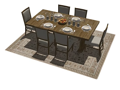 Wooden Dining Table Set With Chairs Tableware On Decorative Rug 3d model