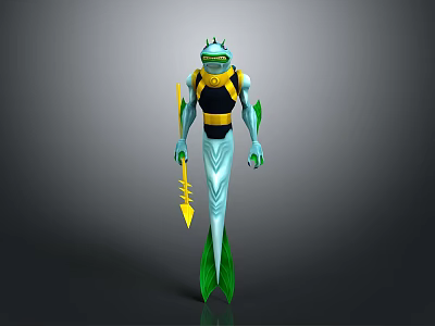 Sci Fi Humanoid Character With Transparent Helmet Blue Body Green Fins And Yellow Trident 3d model