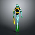 Sci Fi Humanoid Character With Transparent Helmet Blue Body Green Fins And Yellow Trident