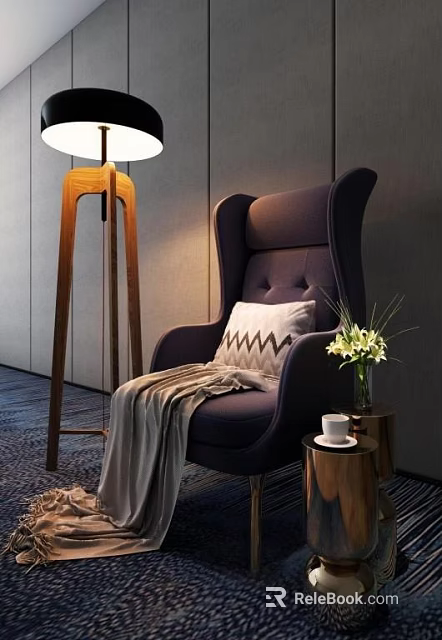 Purple Armchair with Throw Pillow Blanket Floor Lamp and Side Table with Flowers Coffee Cup 3d model 