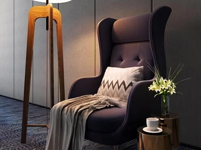 Purple Armchair with Throw Pillow Blanket Floor Lamp and Side Table with Flowers Coffee Cup 3d model