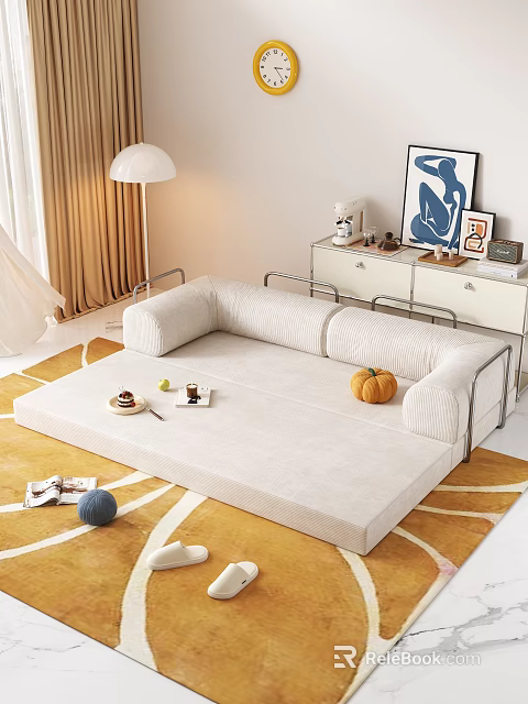 Beige Sectional Sofa With Metal Frame On Rug And Floor Lamp Dessert Coffee Artwork 3d model 