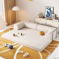 Beige Sectional Sofa With Metal Frame On Rug And Floor Lamp Dessert Coffee Artwork