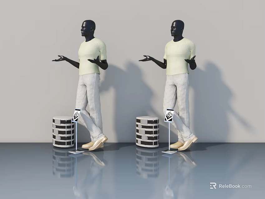 Modern Swing Door Design With Mannequin Display And Cylindrical Base 3d model