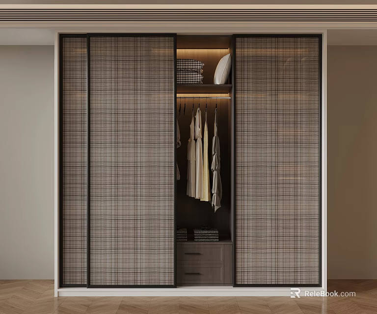 Modern Wardrobe with Plaid Pattern Sliding Doors and Clothes Hanging Section with Drawers 3d model 
