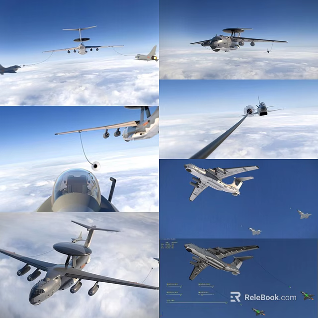 Military Aircraft Flying In Formation With Aerial Refueling Over Cloudy Sky 3d model 