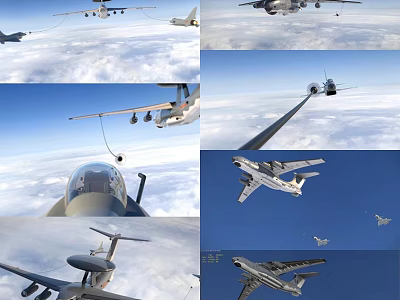 Military Aircraft Flying In Formation With Aerial Refueling Over Cloudy Sky 3d model