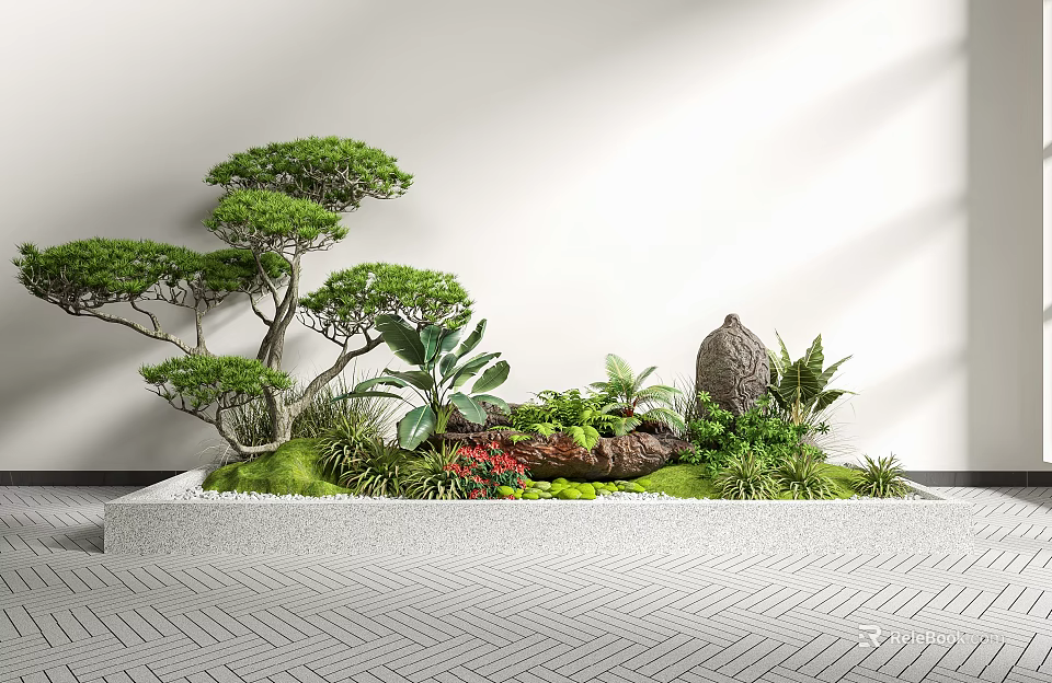 Indoor Green Plant Landscape With Various Trees Ferns Succulents And Decorative Stones 3d model 