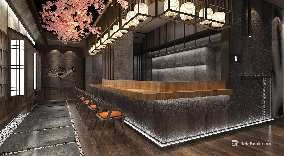Japanese Restaurant Interior With Pink Cherry Blossoms White Lanterns Wooden Counter And Orange Seats 3d model 