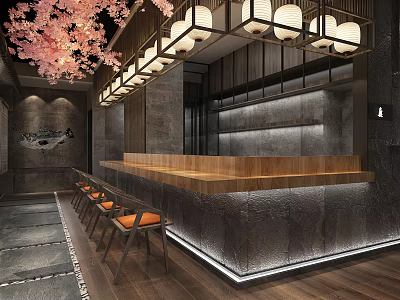 Japanese Restaurant Interior With Pink Cherry Blossoms White Lanterns Wooden Counter And Orange Seats 3d model