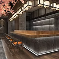 Japanese Restaurant Interior With Pink Cherry Blossoms White Lanterns Wooden Counter And Orange Seats