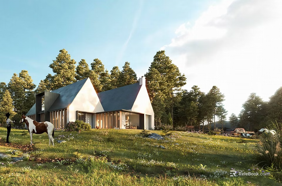 Detached Villa With Sloped Roof And Wooden Exterior In Sunlit Grassland Surrounded By Pine Trees 3d model 