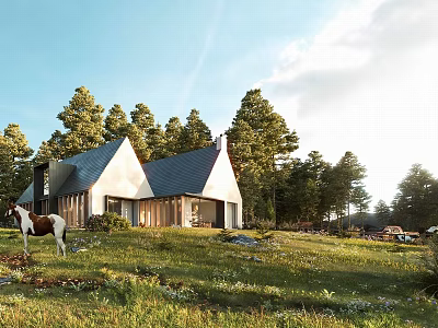 Detached Villa With Sloped Roof And Wooden Exterior In Sunlit Grassland Surrounded By Pine Trees 3d model
