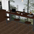 Modern Bar Counter With Wooden Top And Three Stools Near Window Featuring Laptop And Cups