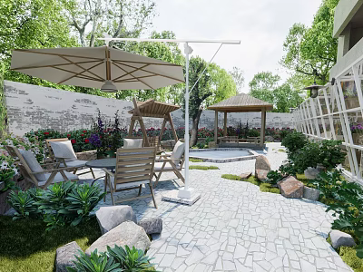 Garden Landscape Design With Outdoor Dining Set Umbrella Gazebo And Green Plants 3d model