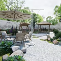 Garden Landscape Design With Outdoor Dining Set Umbrella Gazebo And Green Plants