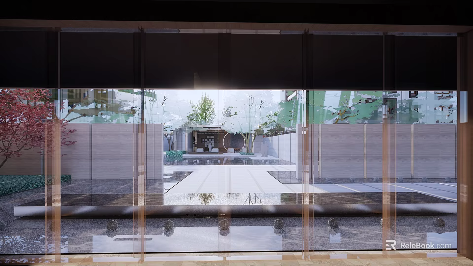 Residential Landscape View Through Glass Doors With Courtyard Water Feature Green Plants And Stone Pathway 3d model 
