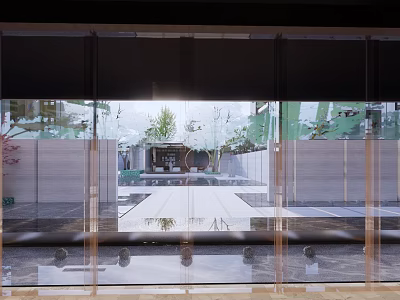 Residential Landscape View Through Glass Doors With Courtyard Water Feature Green Plants And Stone Pathway 3d model