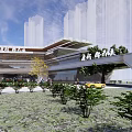 Modern Commercial Landscape With Contemporary Glass Facade Building Green Lawn Shrubs And Trees