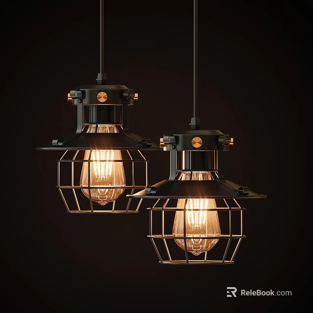 Two Industrial Style Black Metal Frame Pendant Lights With Vintage Bulbs On Dark Background 3d model 
