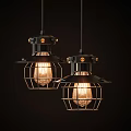 Two Industrial Style Black Metal Frame Pendant Lights With Vintage Bulbs On Dark Background
